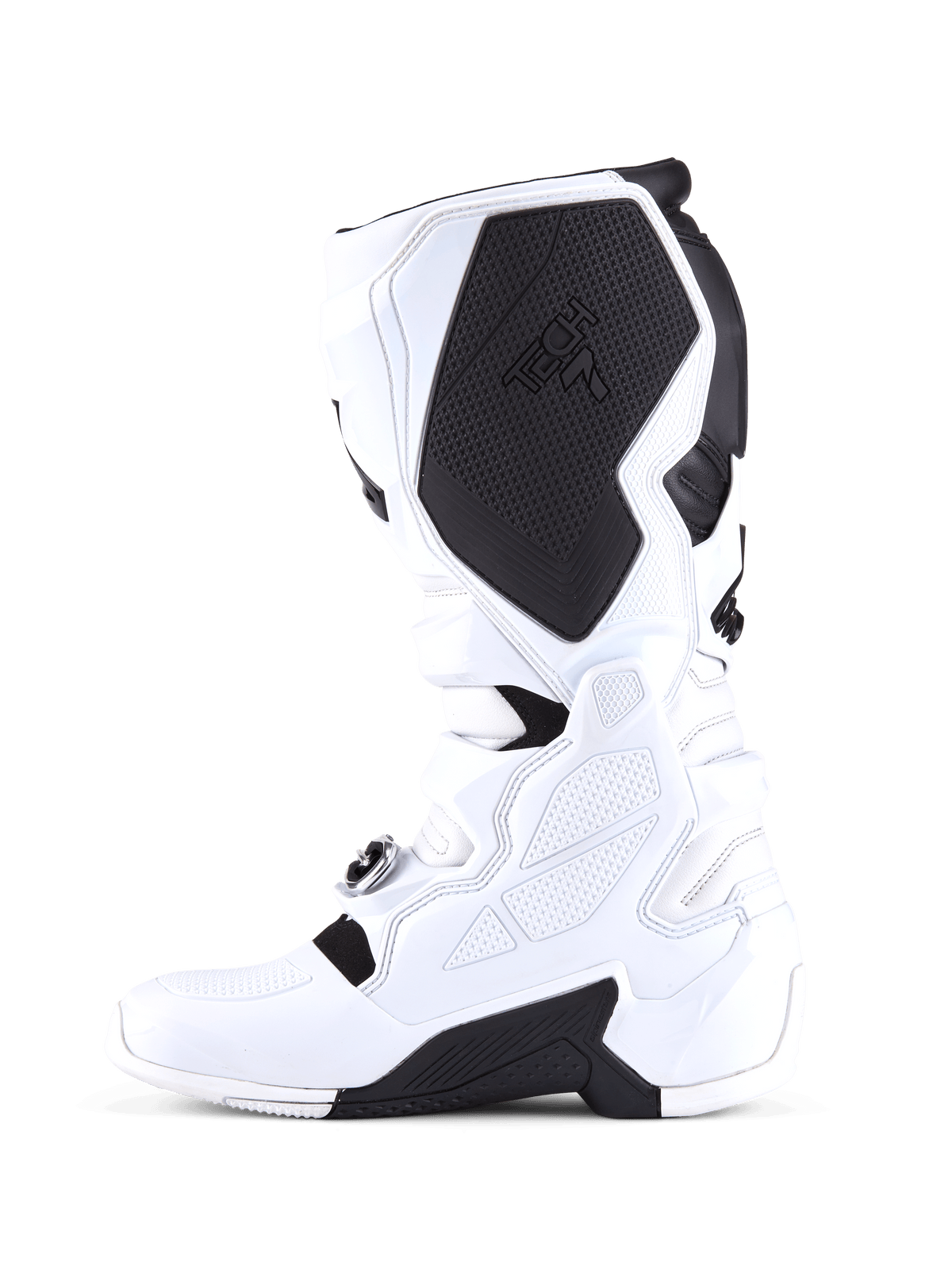 Alpinestars Tech 7 Stiefel, Motocross-Stiefel, Weiß und Schwarz, mediales Seitenprofil mit einem großen schwarzen schützenden Waden-Innenpanel mit Tech 7-Branding, weißer TPU-Konstruktion und strukturierten Griffoberflächen.
