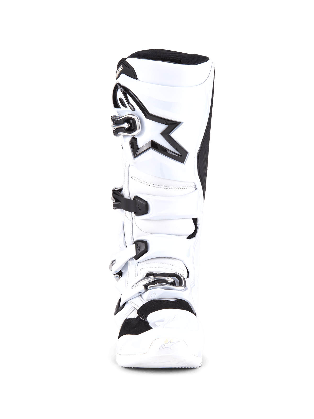 Alpinestars Tech 7 Stiefel, Motocross-Stiefel, Weiß und Schwarz, Frontansicht mit Vier-Schnallen-Verschlusssystem, großes schwarzes Stern-Logo am Schienbein, schützende TPU-Schale und verstärkter Zehenbereich für Motocross-Rennsport