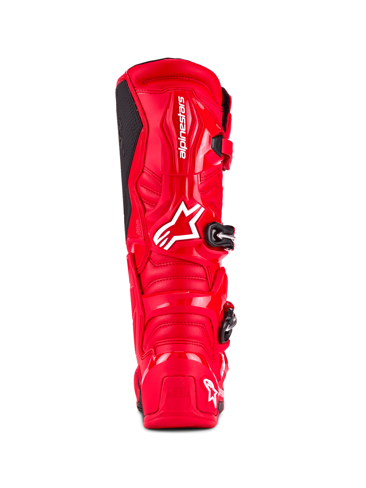 Alpinestars Tech 7 Stiefel, Motocross-Stiefel, Leuchtendes Rot, Rückansicht mit einer schlagfesten TPU-Schale, weißem Alpinestars-Branding an der Wade und „Tech Series“-Logo an der Ferse, entwickelt für Offroad-Performance und Schutz.