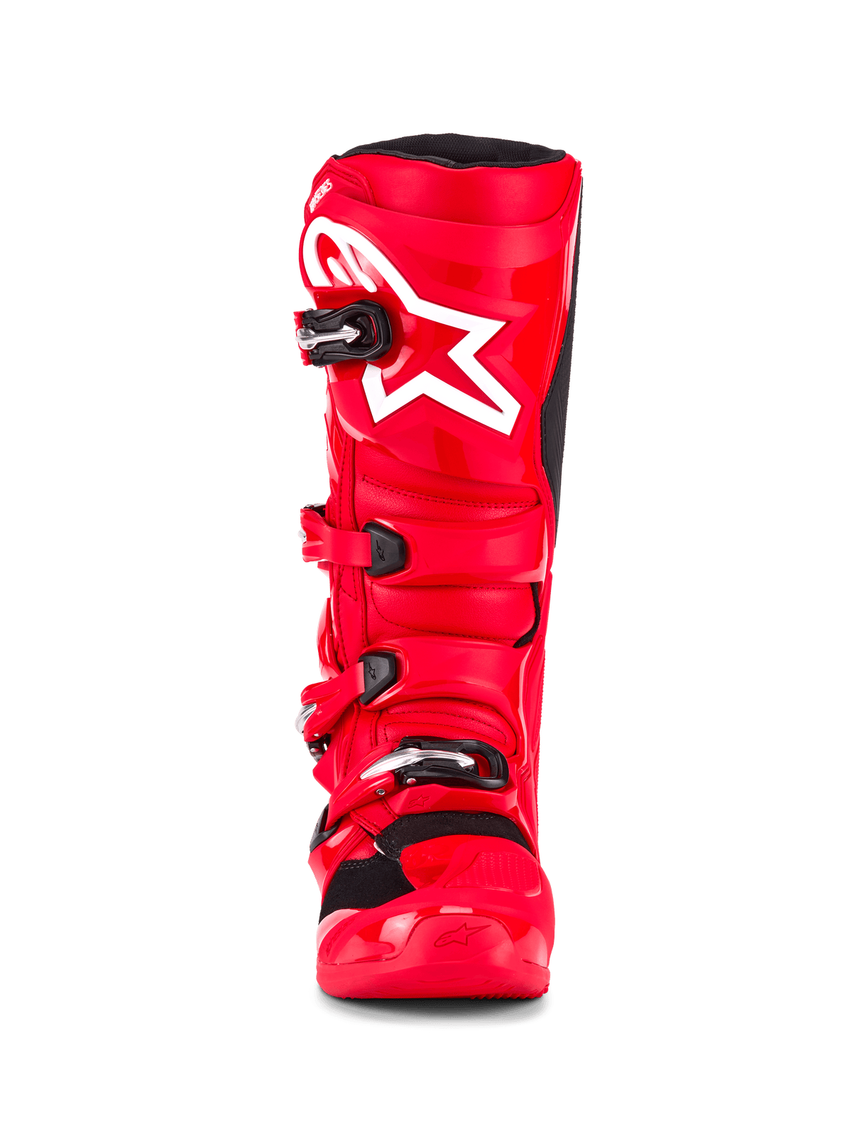 Alpinestars Tech 7 Stiefel, Motocross-Stiefel, Leuchtend Rot, Vorderansicht mit weißem Stern-Logo auf dem Schienbein, schwarzen Schnallenverschlüssen und einer Hochleistungs-TPU-Schutzschale.