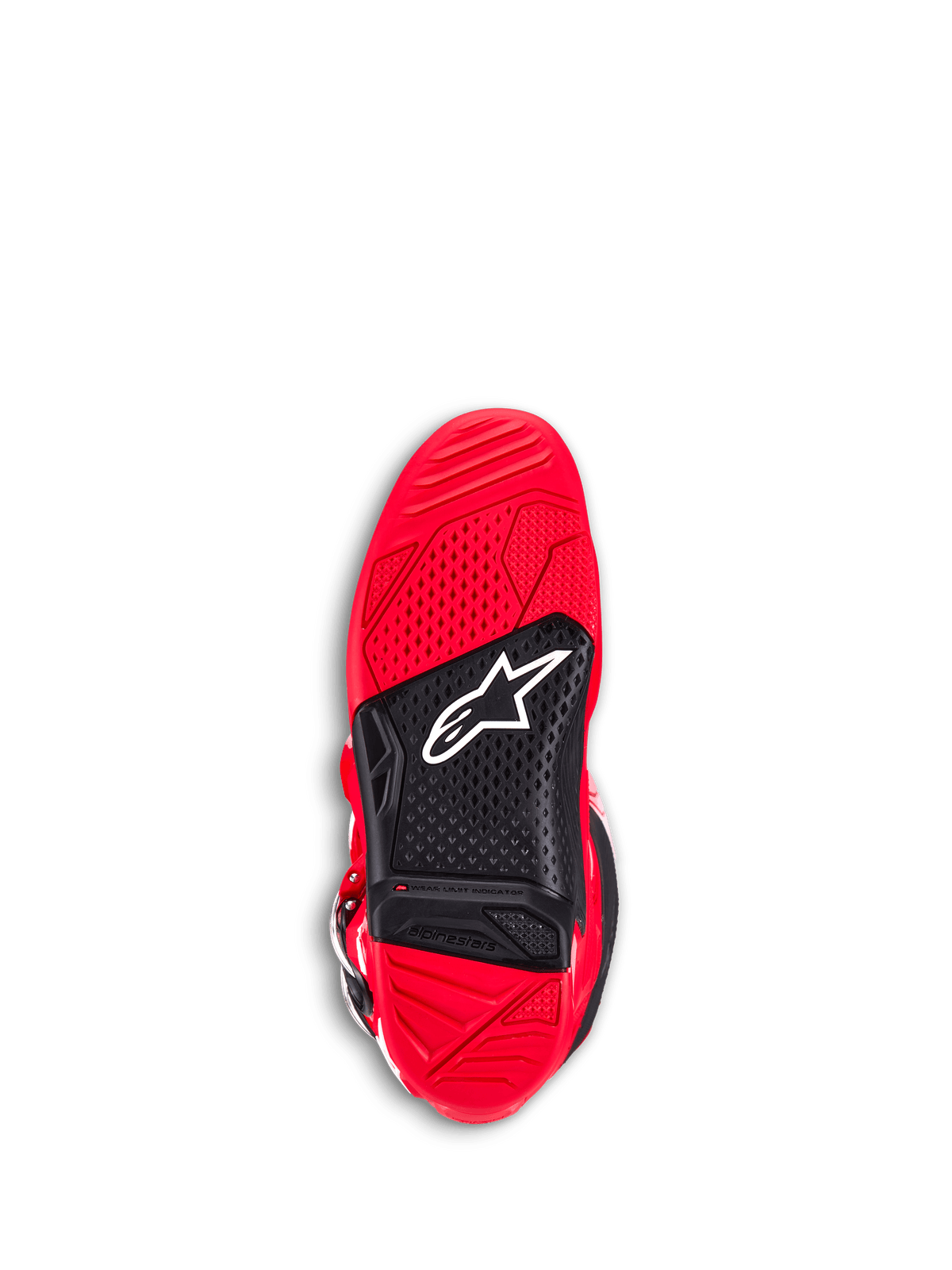 Alpinestars Tech 7 Stiefel, Motocross-Stiefel, Hellrot, Unteransicht der Außensohle mit rot-schwarzem Dual-Compound-Gummi, strukturierter Grip für Fußrasten, weißes Astar-Logo und sichtbarer Verschleißindikator.