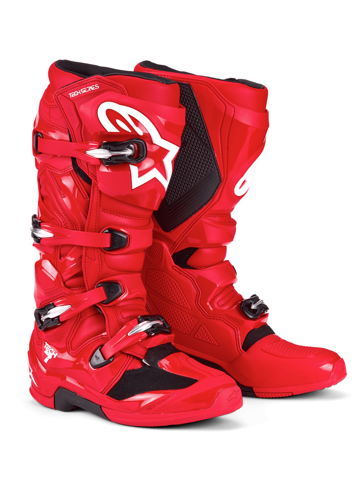 Alpinestars Tech 7 Stiefel, Motocross-Stiefel, Hellrot, mit weißem Astars-Logo auf dem Schienbein, silber-schwarzem Schnallenverschlusssystem und schützender TPU-Schale für Offroad-Performance