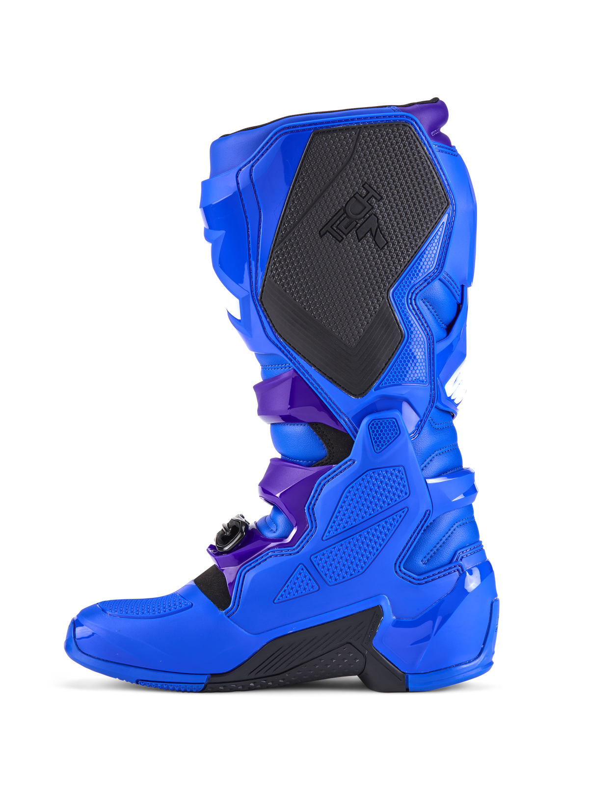 Alpinestars Tech 7 Motocross Boots, Blue, side profile view, featuring reinforced TPU protection, large black textured medial grip panel with TECH 7 branding, dark purple strap accents, and durable black sole sections