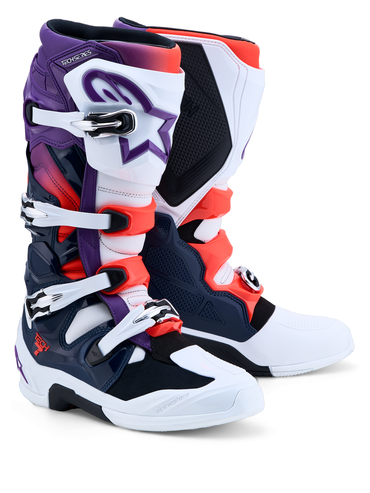 Alpinestars Tech 7 Stiefel, Herren-Motocross-Stiefel, Lila, Weiß, Dunkelblau und Rot Fluo, CE-zertifiziert mit TPU-Schutz.