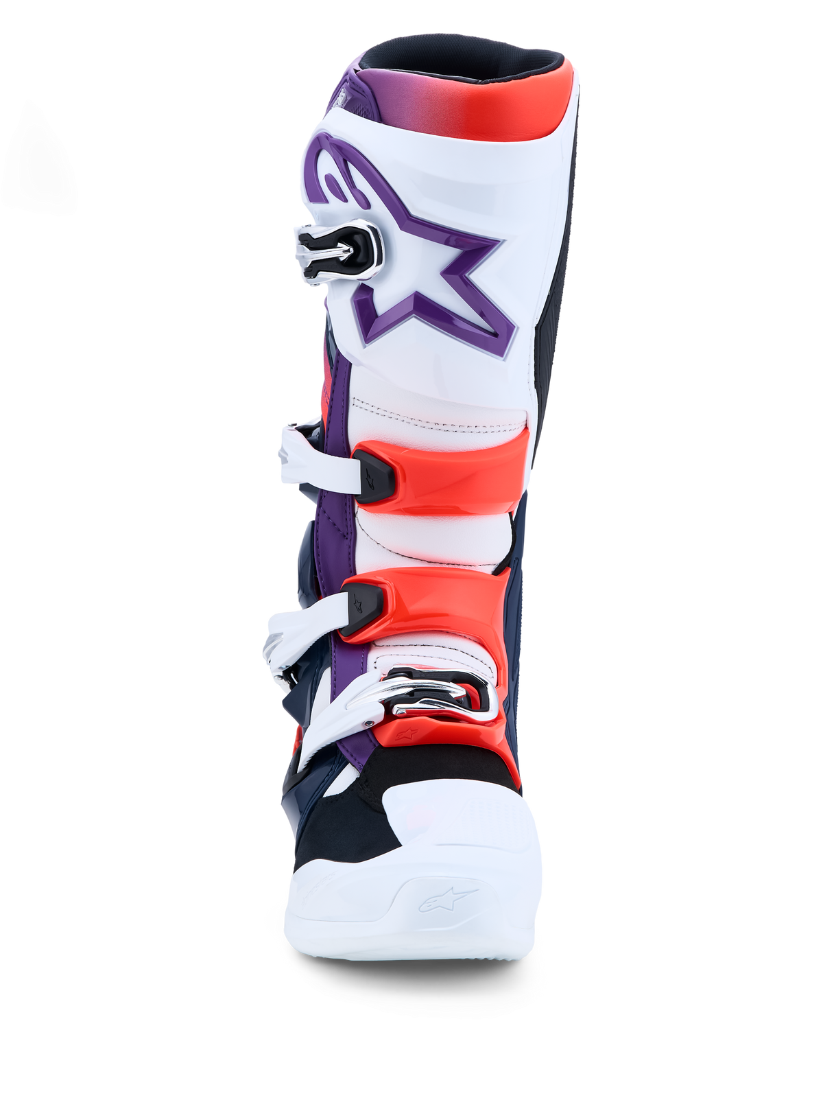 Alpinestars Tech 7 Motocross-Stiefel in Lila, Weiß und Fluo-Rot mit TPU-Schutz und Schnallenverschlüssen.
