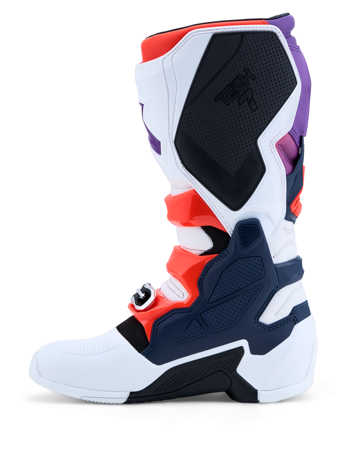 Alpinestars Tech 7 Motocross-Stiefel für Herren, Lila, Weiß und Dunkelblau mit Rot Fluo Akzenten und TPU-Platten.