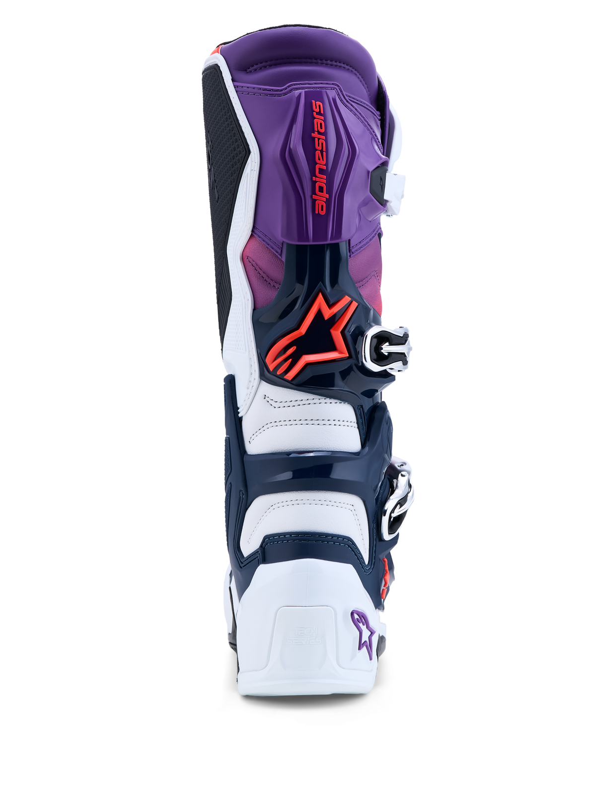 Alpinestars Tech 7 Stiefel, Motocross-Stiefel für Herren, Lila und Weiß, Rückansicht mit TPU-Schutz und roten Akzenten.