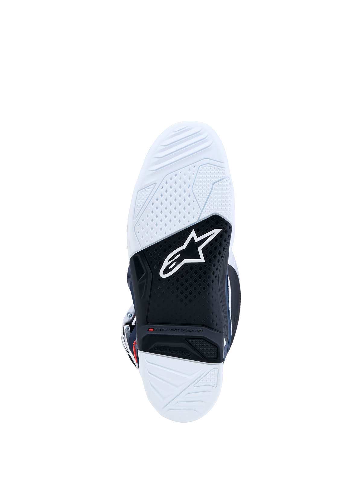 Alpinestars Tech 7 Motocross-Stiefel, Dual-Compound-Gummisohle in Weiß und Schwarz mit roter Verschleißanzeige und Logo.