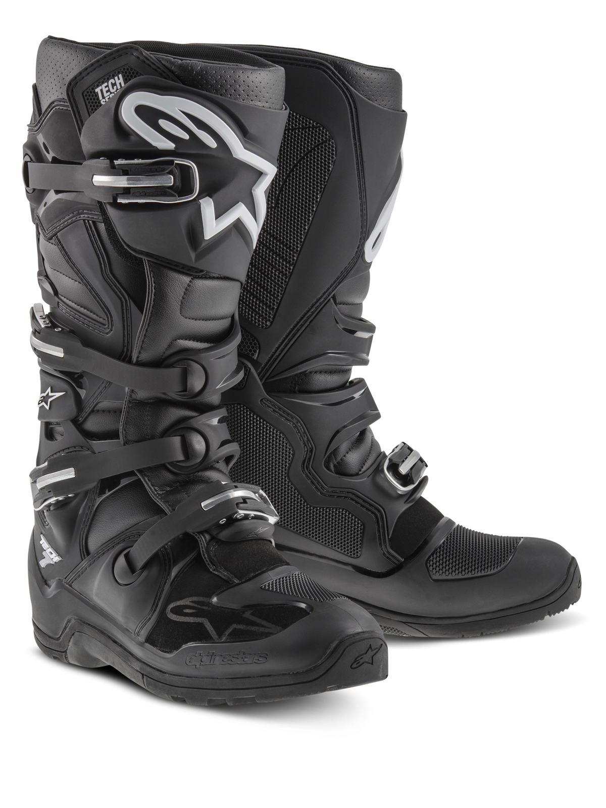 Alpinestars Tech 7 Enduro-Stiefel, Motocross- und Offroad-Stiefel, Schwarz mit weißem Alpinestars-Logo, mit vier verstellbaren Schnallen, TPU-Schienbeinplatte und strapazierfähiger Enduro-spezifischer Sohle.
