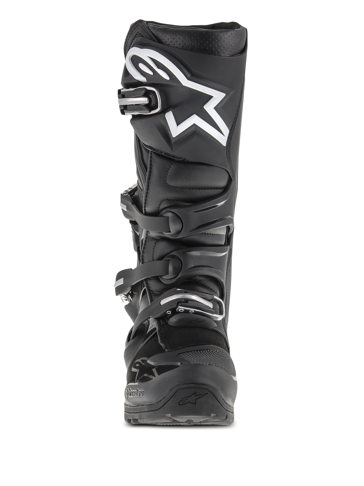 Alpinestars Tech 7 Enduro Stiefel, Motocross- und Enduro-Stiefel, Schwarz, Frontansicht mit weißem Stern-Logo auf dem Schienbein, Vier-Schnallen-Verschlusssystem und verstärkter Schutzstruktur für den Offroad-Einsatz