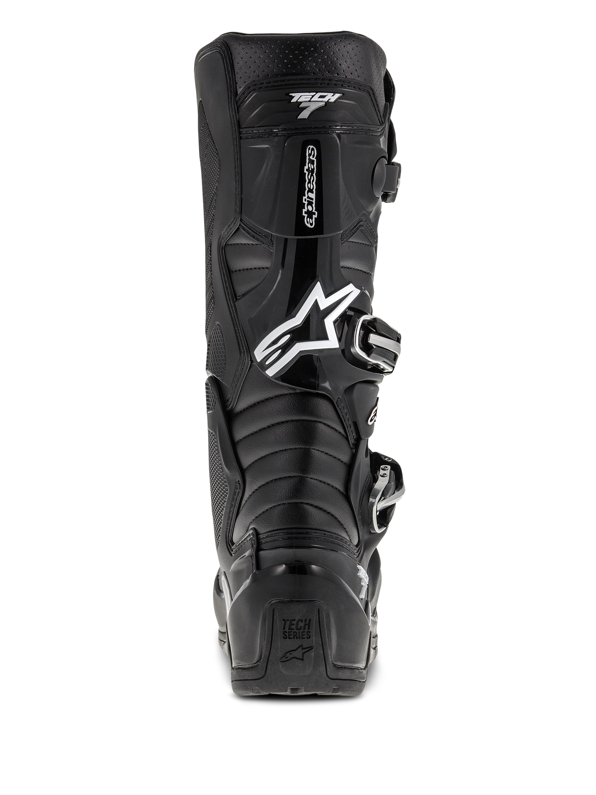 Alpinestars Tech 7 Enduro-Stiefel, Schwarz, Rückansicht mit weißem Astars-Logo und „Tech 7“-Branding, schützende TPU-Schale mit Schnallensystem, strapazierfähige Konstruktion für Offroad- und Motocross-Rennsport