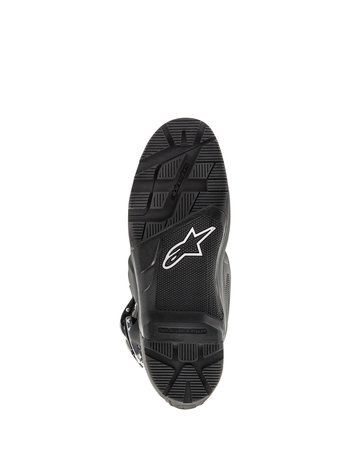 Alpinestars Tech 7 Enduro Stiefel, Schwarz, Unteransicht der Sohle, mit robustem Profil für Enduro-Fahrten, weißem Stern-Logo und austauschbarem Fußrasteneinsatz.