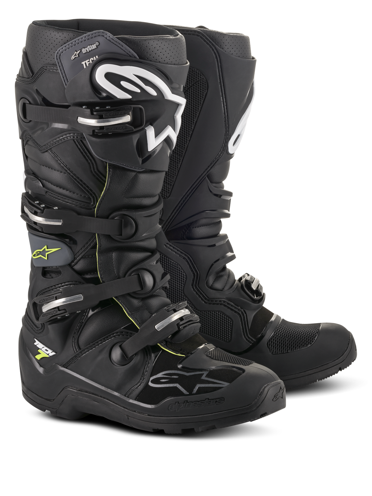 Alpinestars Tech 7 Enduro Drystar® Stiefel, professionelles Motocross- und Enduro-Schuhwerk, Schwarz und Grau mit weißem Branding und silbernen Schnallen, robustes wasserdichtes Design mit strapazierfähigen Sohlen für Offroad-Performance