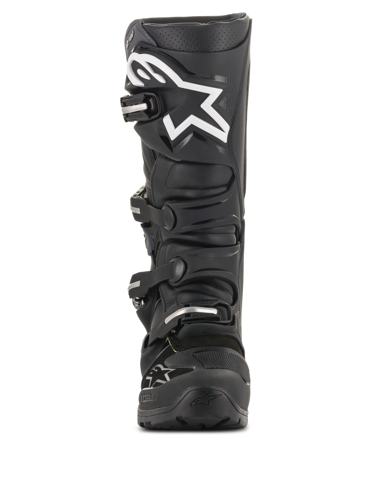 Alpinestars Tech 7 Enduro Drystar® Stiefel, schwarze Motocross-Stiefel, Vorderansicht mit einem großen weißen Sternlogo auf dem Schienbein, Vier-Schnallen-Verschlusssystem, strapazierfähige TPU-Konstruktion für Enduro- und Offroad-Fahrten