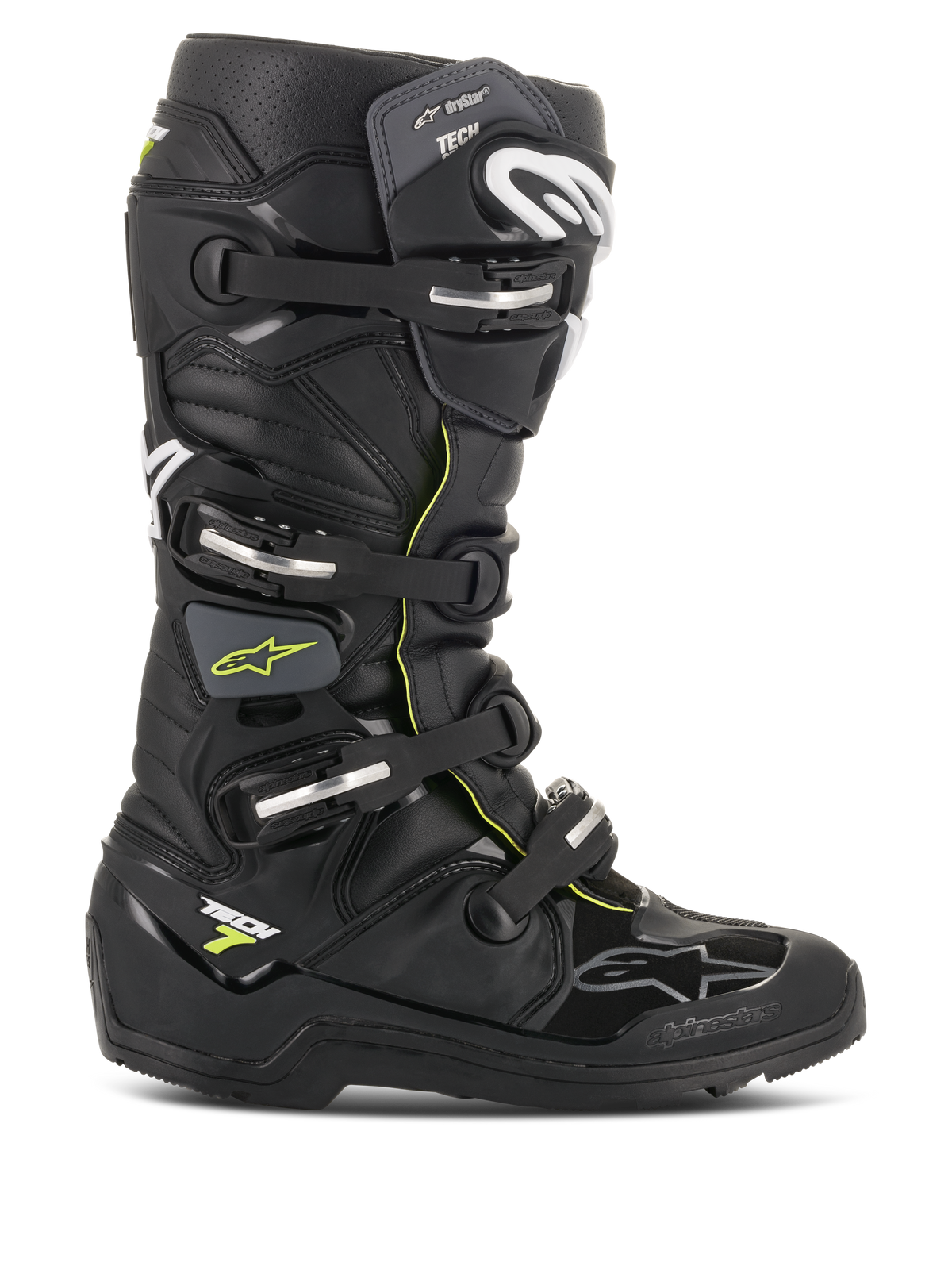 Alpinestars Tech 7 Enduro Drystar Stiefel, wasserdichte Offroad-Motorradstiefel, Schwarz mit fluoreszierenden gelben Akzenten, vier silberne Schnallen, robuste griffige Sohle, schützende TPU-Konstruktion für Enduro-Fahrten