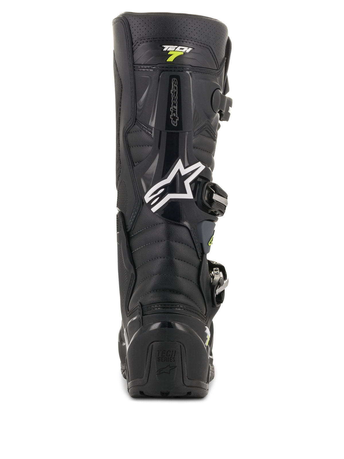 Alpinestars Tech 7 Enduro Drystar Stiefel, Motocross-Stiefel in Schwarz und Grau, Rückansicht mit weißem Alpinestars-Logo und 'Tech 7'-Branding, robuster TPU-Fersenschutz und verstärkte Konstruktion für Offroad-Strapazierfähigkeit