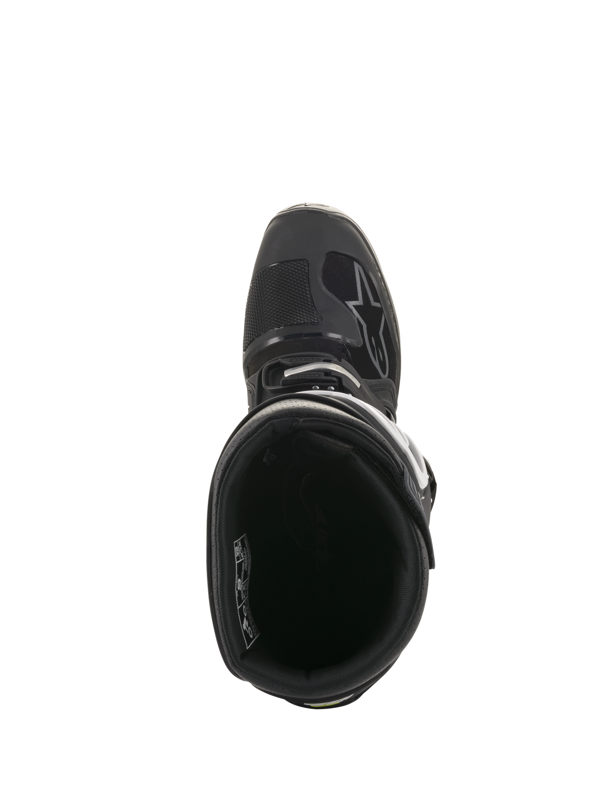 Alpinestars Tech 7 Enduro Drystar® Stiefel, Draufsicht mit Blick in das Innenfutter und den gepolsterten Knöchelkragen, schwarzes und graues technisches Offroad-Schuhwerk, sicheres Schnallensystem