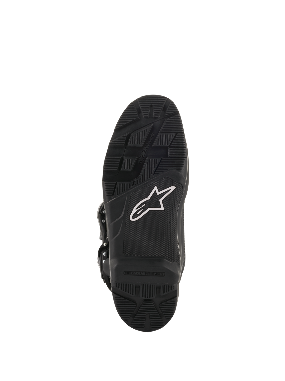 Alpinestars Tech 7 Enduro Drystar® Stiefel, Motocross- und Enduro-Stiefel, Sohlenansicht in Schwarz, hochgriffige Gummimischung mit weißem Stern-Logo und austauschbarem Einsatz für langlebige Offroad-Performance