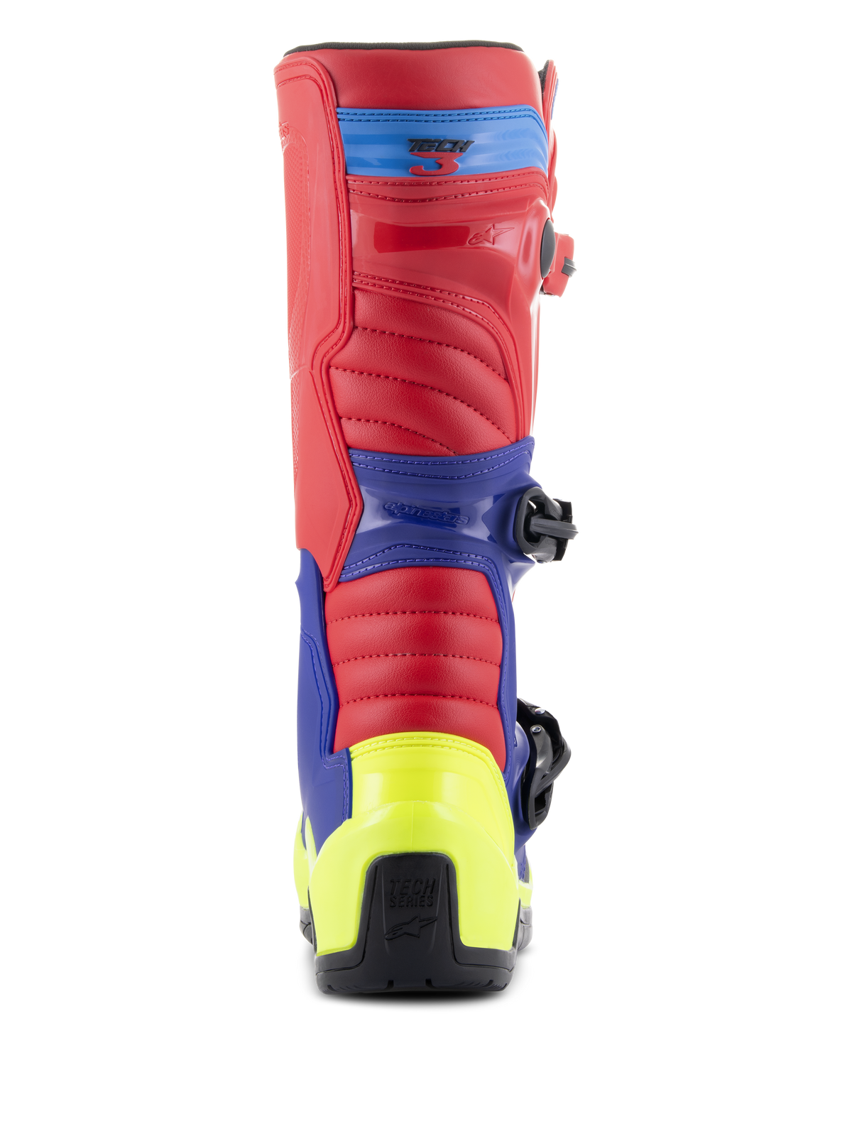 Alpinestars Tech 3 Boots, Motocross Boots, Bright Red, Dark Blue and Yellow Fluo, rear view featuring neon yellow heel counter, red upper, and blue support panels, rugged construction for off-road racing