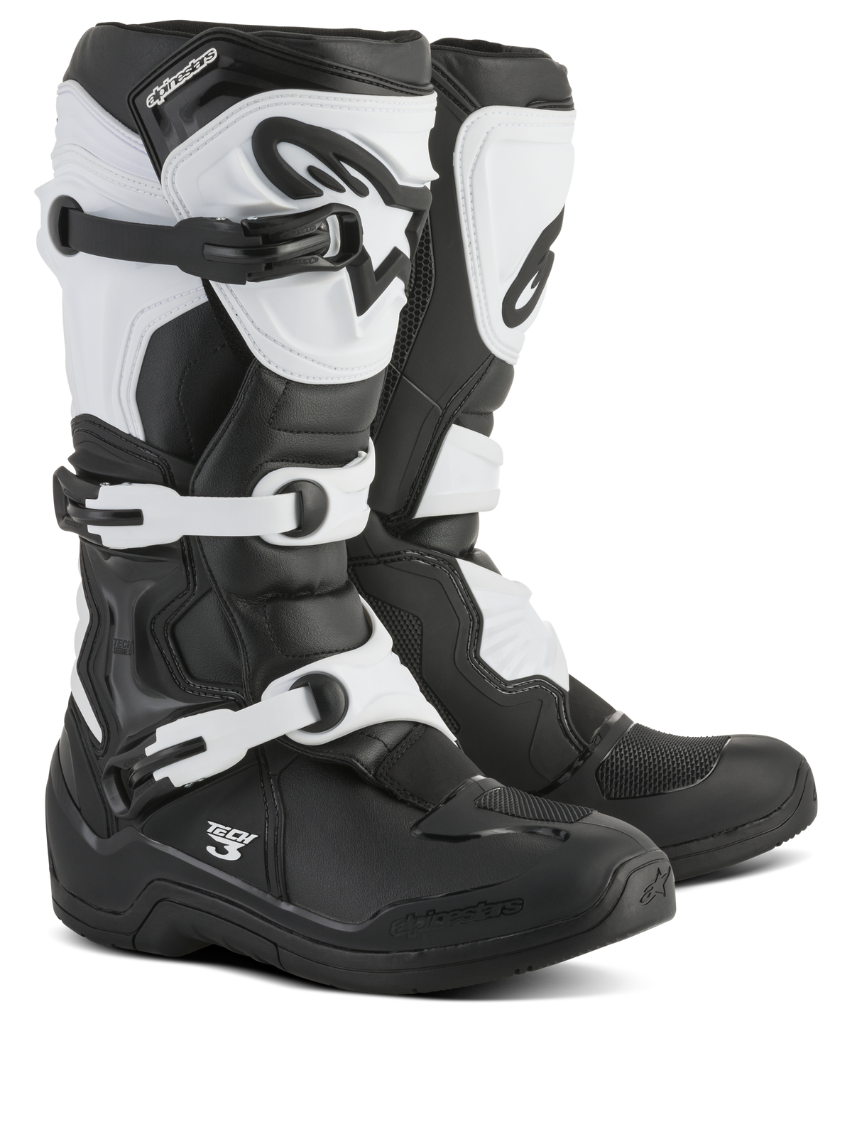 Alpinestars Tech 3 Stiefel, Motocross-Stiefel, Schwarz und Weiß, mit einem Dreifach-Schnallen-Verschlusssystem, schützender TPU-Schienbeinplatte und Fersenkappe, langlebige Mikrofaser- und Synthetikkonstruktion für den Offroad-Rennsport