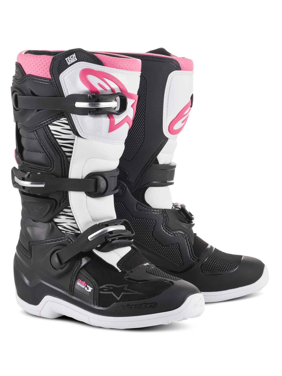 Alpinestars Stella Tech 3 Boots, Women's Motocross Boots, Black White and Pink, featuring a white shin plate with pink Alpinestars logo, black chassis with white flex zones, and a three-buckle closure system.