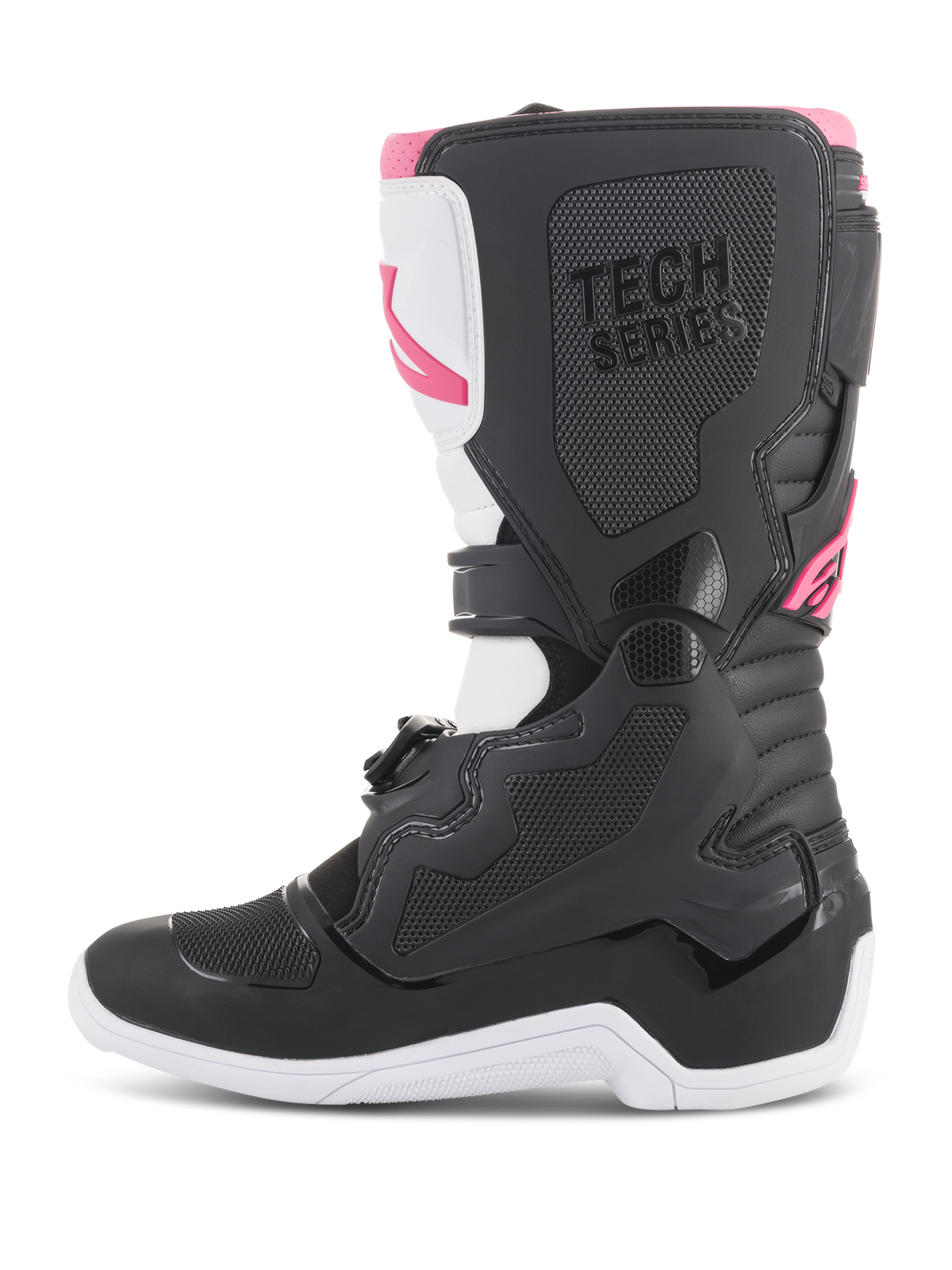 Alpinestars Women Stella Tech 3 Boots, Motocross Boots, Black White and Pink, side profile featuring protective TPU shin plate, textured grip panels, and 'TECH SERIES' branding for off-road racing