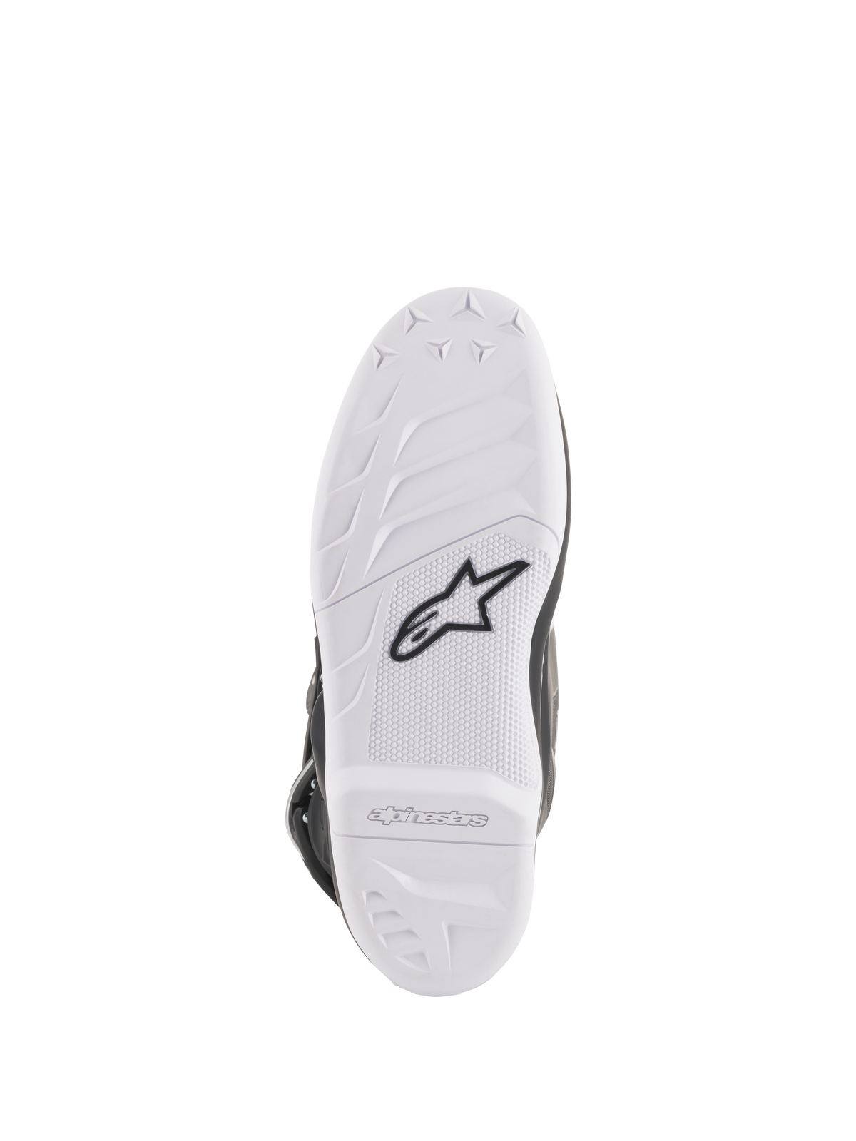Alpinestars Women Stella Tech 3 Boots, Sole View, White rubber compound with black Astar logo, textured grip patterns and embossed branding, durable and replaceable motocross boot sole