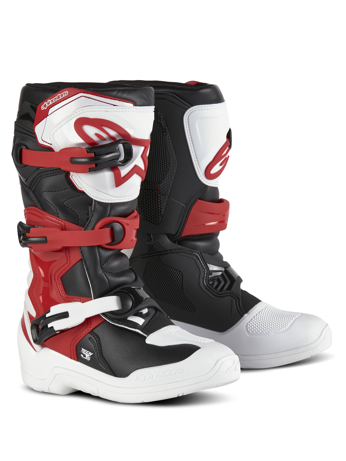 Alpinestars Youth Tech 3S Stiefel, Motocross-Stiefel, Weiß, Schwarz und Bright Red, Drei-Schnallen-Verschlusssystem, TPU-Schienbeinplatte mit Alpinestars-Logo, strapazierfähiges Mikrofaser-Obermaterial und verstärkte Fußschale für Offroad-Performance