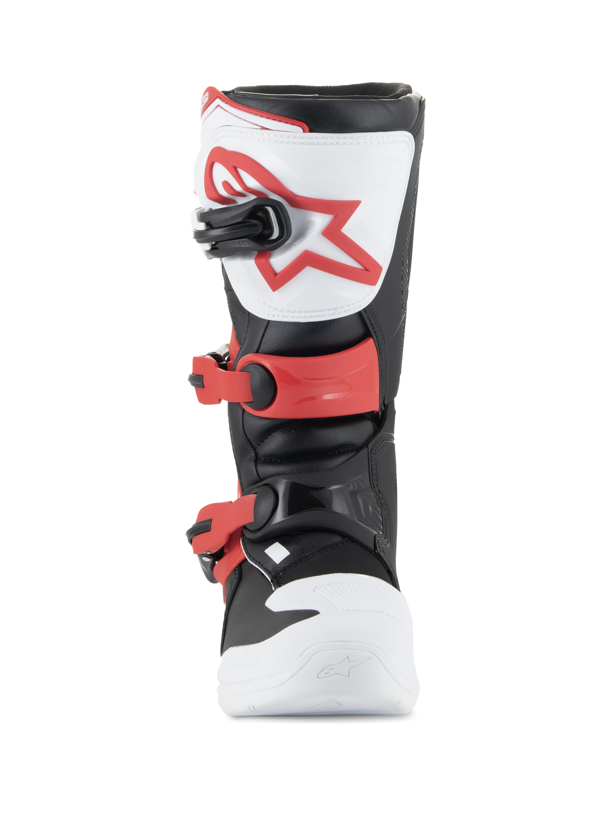 Alpinestars Youth Tech 3S Boots, Motocross Boots, White Black and Bright Red, front view showing TPU shin plate with red logo, adjustable red buckles, and durable microfiber construction for junior riders
