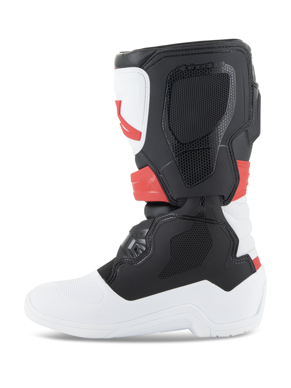 Alpinestars Youth Tech 3S Boots, Motocross Boots, White Black and Bright Red, side profile view, featuring durable TPU protective panels and microfiber upper, white sole and toe with black calf section and bright red accents, protective off-road footwear for young riders