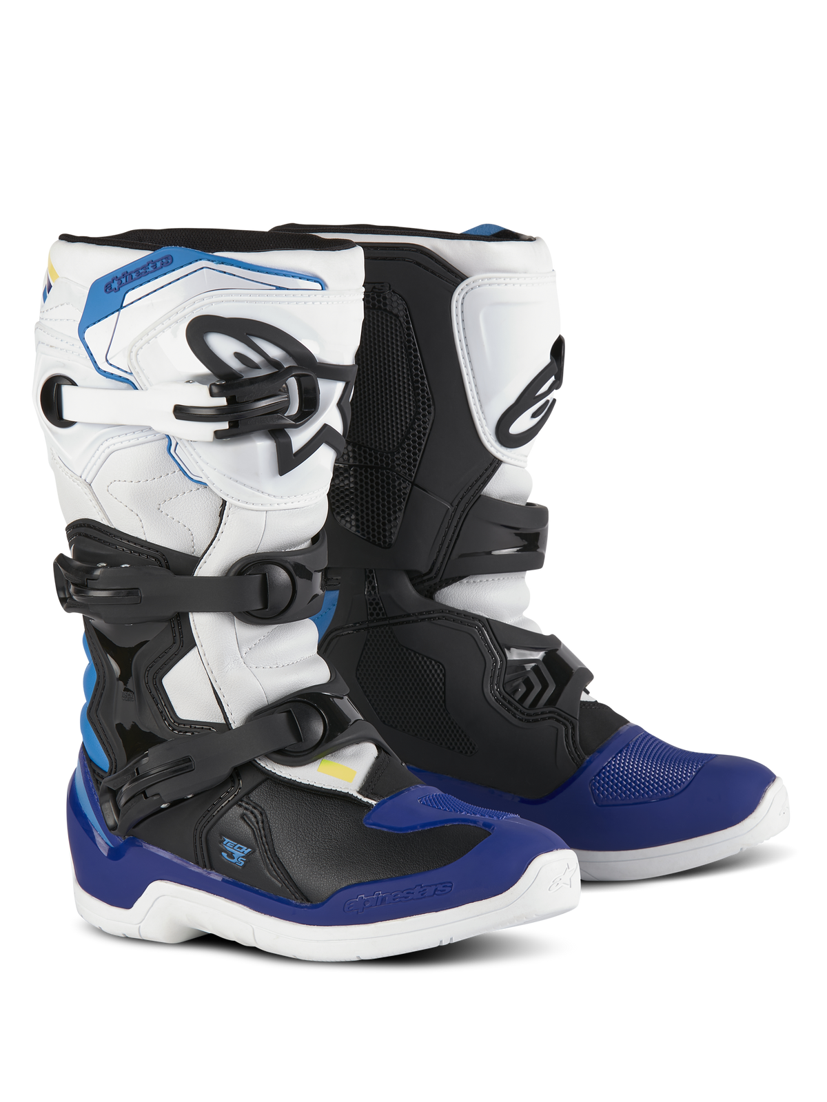 Alpinestars Youth Tech 3S Boots, Motocross Boots, White Black and Enamel Blue, featuring a multi-buckle closure system, textured grip zones, and white soles, durable protective motorcycle boots for youth riders