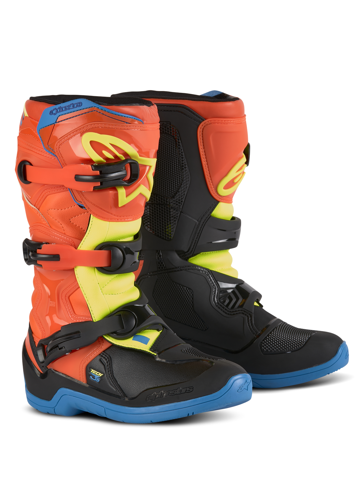 Alpinestars Youth Tech 3S Stiefel, Motocross-Stiefel für Kinder, Orange Fluo, Enamel Blue und Yellow Fluo, blaue Sohlen, Drei-Schnallen-Verschlusssystem, schützende TPU-Schienbeinplatten, Offroad-Fahrausrüstung