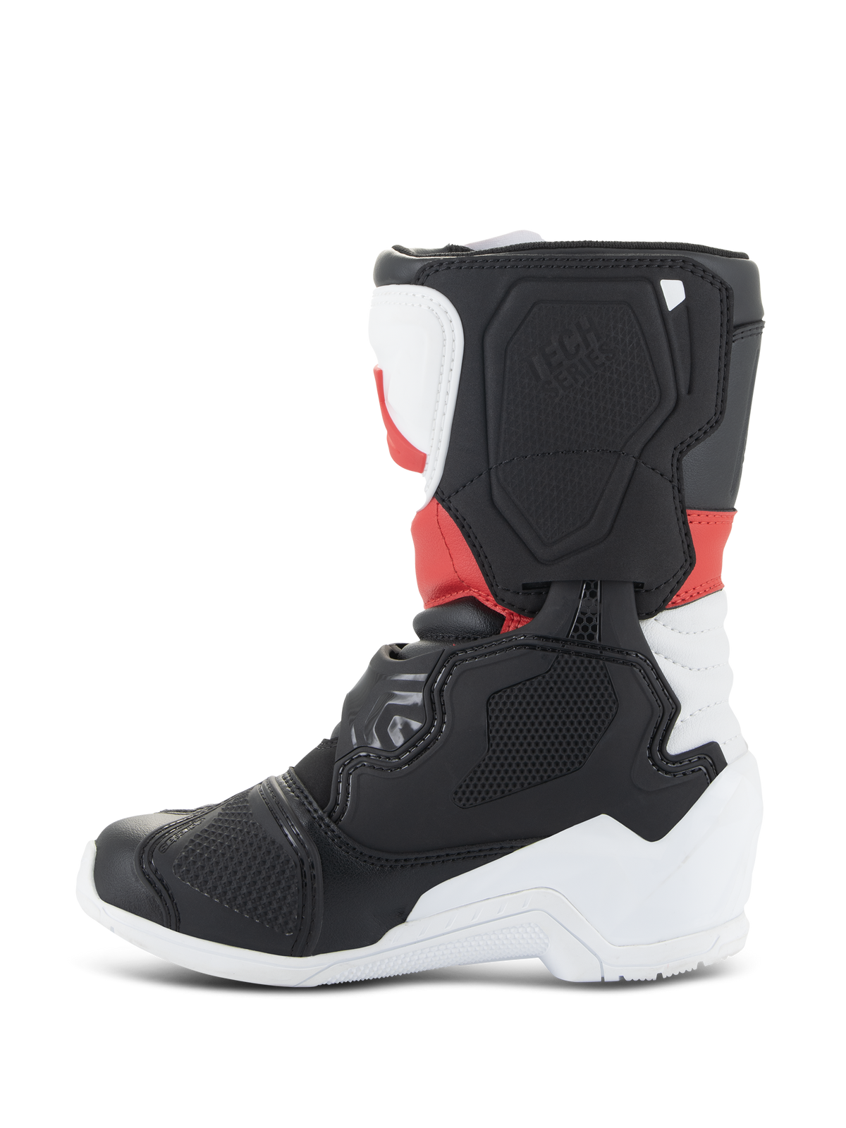 Alpinestars Kids Tech 3S Boots, Motocross Boots, White Black and Bright Red, side profile view featuring protective TPU panels, reinforced toe and heel, and textured lateral blade design for off-road racing.