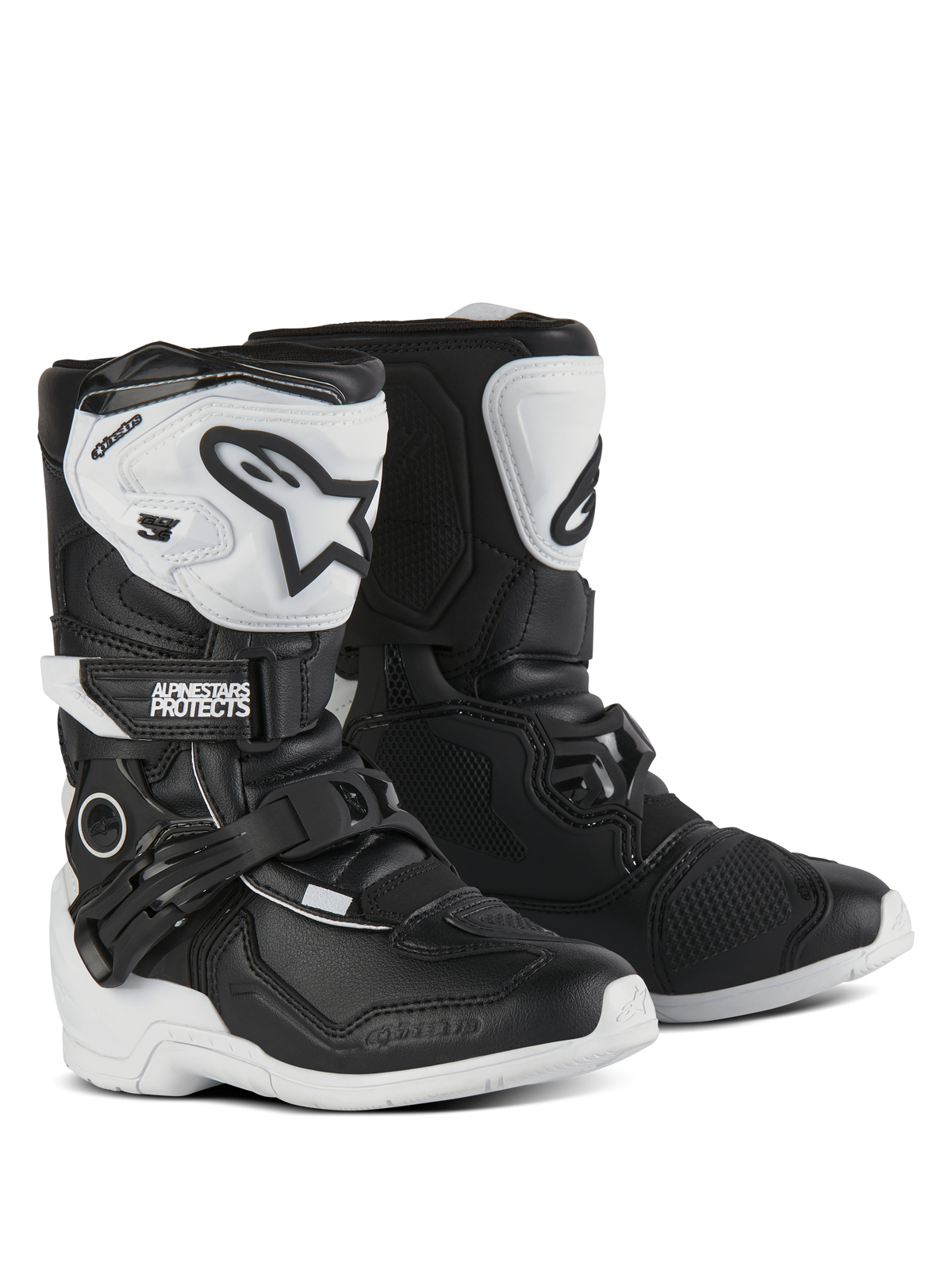 Alpinestars Kids Tech 3S Stiefel, Motocross-Stiefel, Schwarz und Weiß, mit weißen TPU-Schienbeinplatten und schwarzen Alpinestars-Logos, verstellbare Schnallen- und Klettverschlüsse, strapazierfähige Gummiaußensohlen für Offroad-Schutz für Kinder.