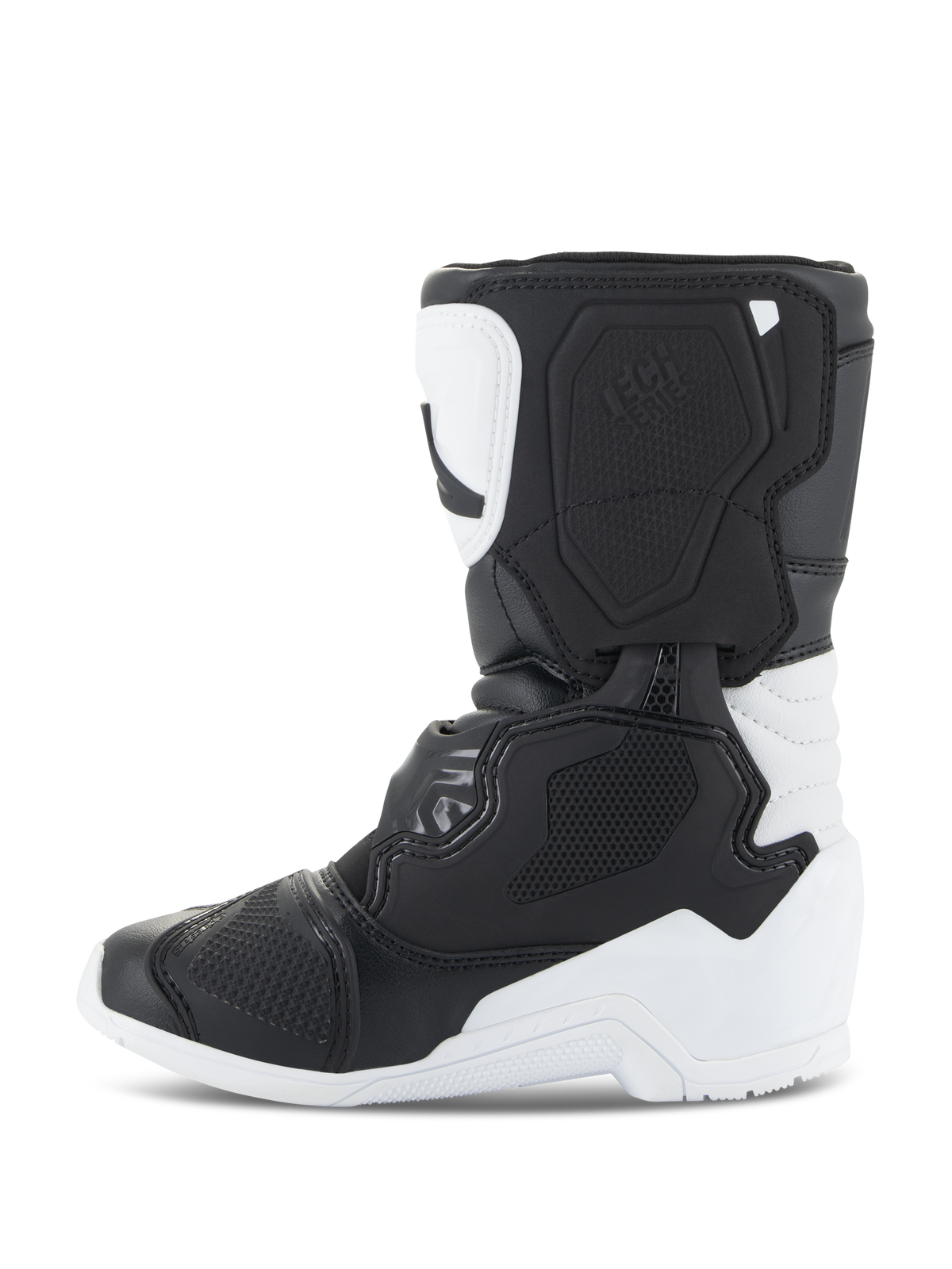 Alpinestars Kids Tech 3S Stiefel, Motocross-Stiefel, Weiß und Schwarz, Seitenansicht mit Fokus auf TPU-Schutzplatten, robuster Mikrofaser-Konstruktion und Multi-Panel-Design für junge Motocross-Fahrer.