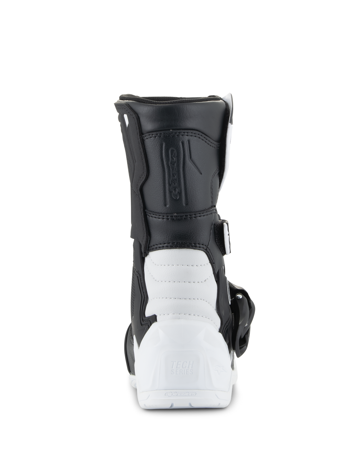 Alpinestars Tech 3S Kinderstiefel, Motocross-Stiefel, Weiß und Schwarz, Rückansicht mit verstärkter TPU-Ferse und Tech Series-Branding, schwarzes synthetisches Obermaterial und weiße Unterschalenkonstruktion, schützendes Offroad-Schuhwerk für Kinder
