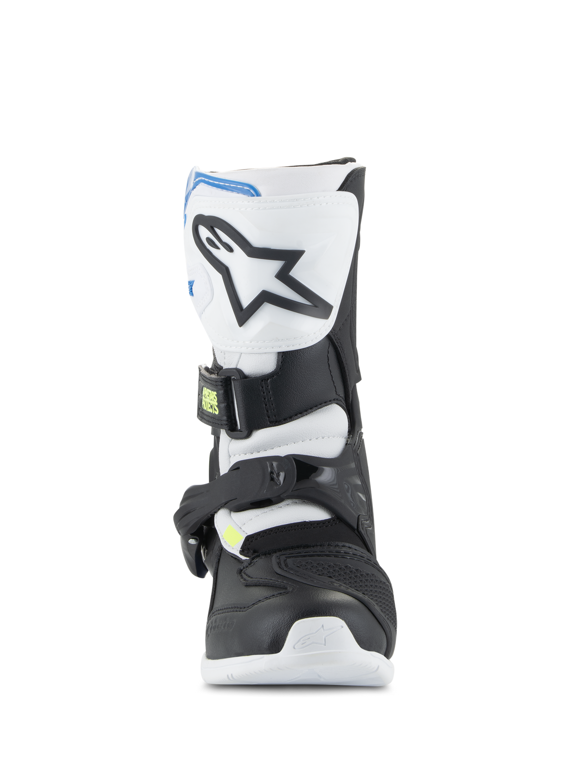 Alpinestars Kids Tech 3S Stiefel, Jugend-Motocross-Stiefel, Weiß, Schwarz und Emaille-Blau, Frontansicht mit TPU-Schienbeinplatte und Stern-Logo, schwarze und weiße Panele, sicheres Schnallenverschlusssystem