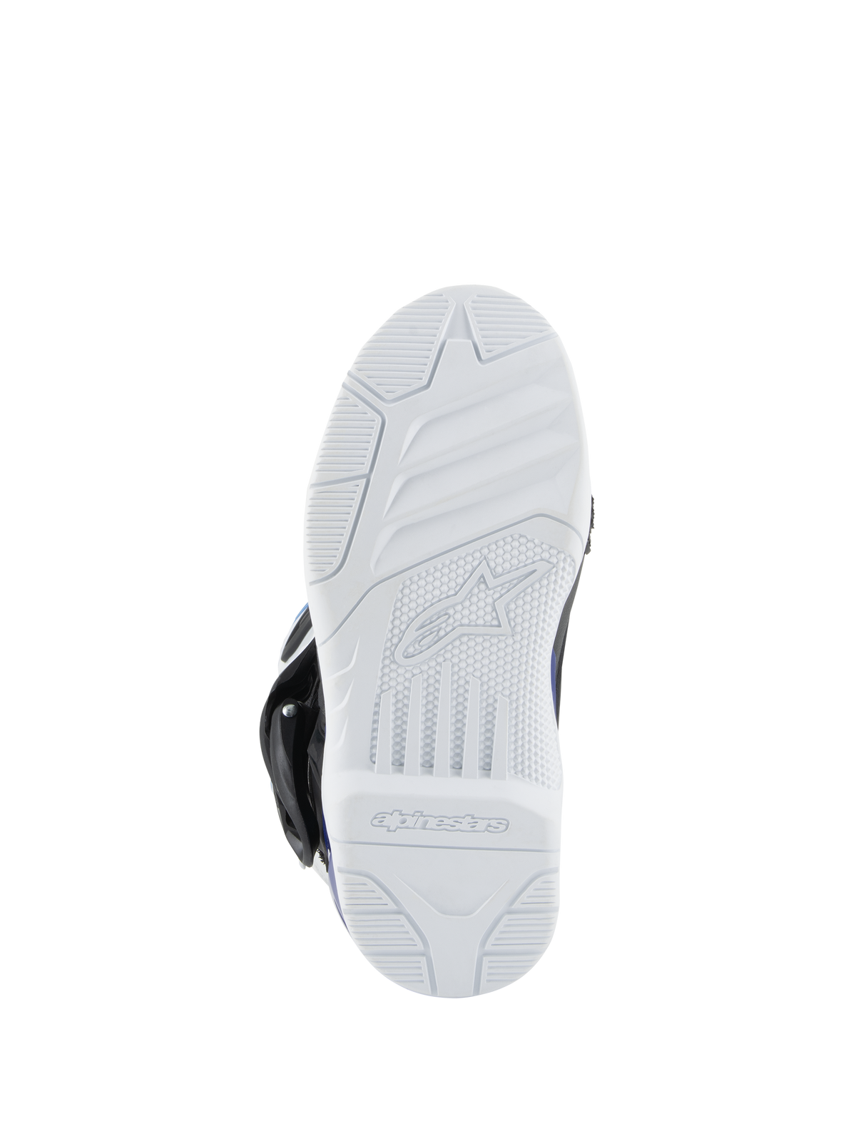 Alpinestars Kids Tech 3S Stiefel, Motocross-Stiefel, weiße Gummiaußensohle, strukturiertes Profil für Grip im Gelände, mit Alpinestars-Logo und Schriftzug auf der Unterseite.