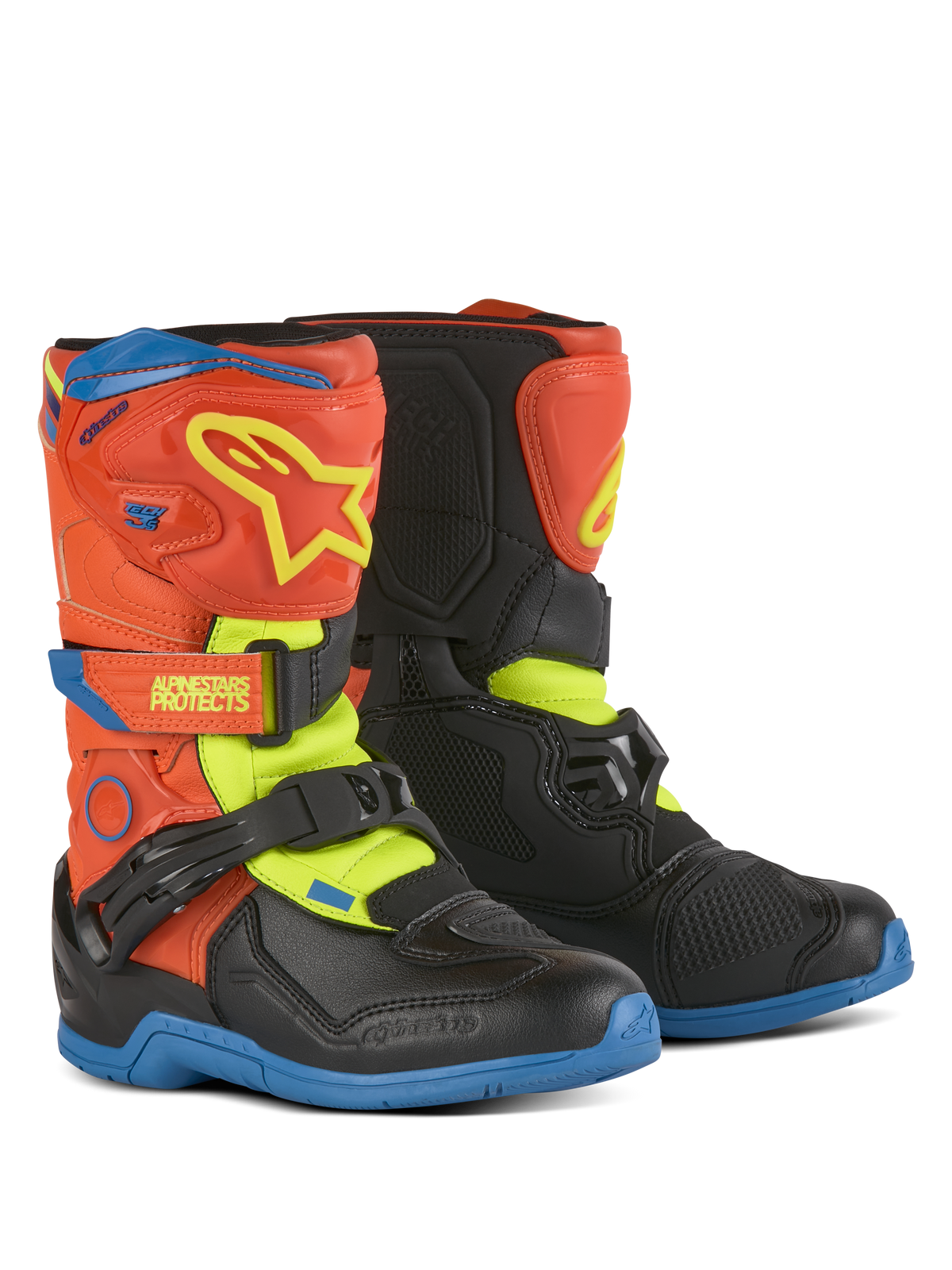 Alpinestars Kids Tech 3S Boots, Motocross Boots, Orange Fluo Enamel Blue and Yellow Fluo with black, featuring hook and loop closures, TPU shin plate, and durable rubber soles for youth off-road riding.