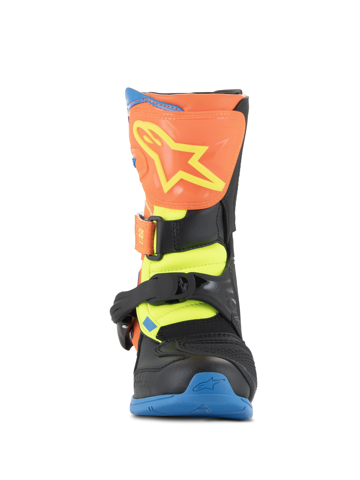 Alpinestars Kids Tech 3S Boots, Motocross Boots, Orange Fluo, Enamel Blue, and Yellow Fluo, front view featuring an orange shin plate with a yellow star logo, black buckle closures, and a blue sole, protective off-road footwear for youth riders