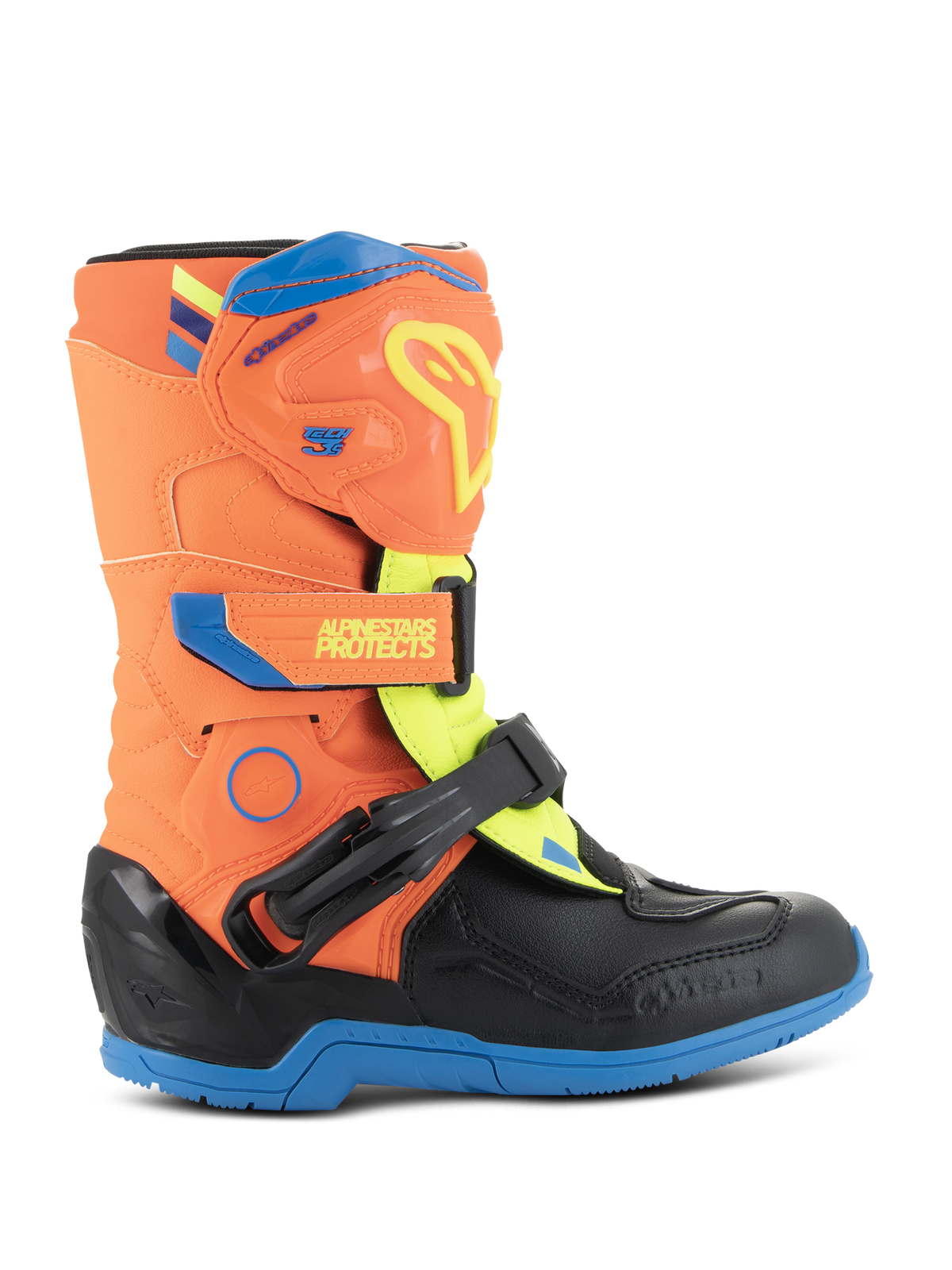 Alpinestars Kids Tech 3S Boots, Youth Motocross Boots, Orange Fluo, Enamel Blue, and Yellow Fluo, featuring a protective TPU shin plate, adjustable hook and loop straps, and a durable blue rubber sole, designed for off-road racing.