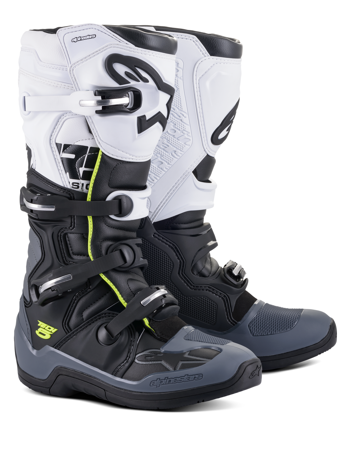 Alpinestars Tech 5 Stiefel, Motocross- und Offroad-Stiefel, Schwarz, Dunkelgrau und Weiß mit neongelben Akzenten, Vier-Schnallen-Verschlusssystem, oberes weißes Paneel mit schwarzem Astars-Logo, dunkelgrauer Zehen- und Fersenschutz, langlebige Mikrofaser-Konstruktion
