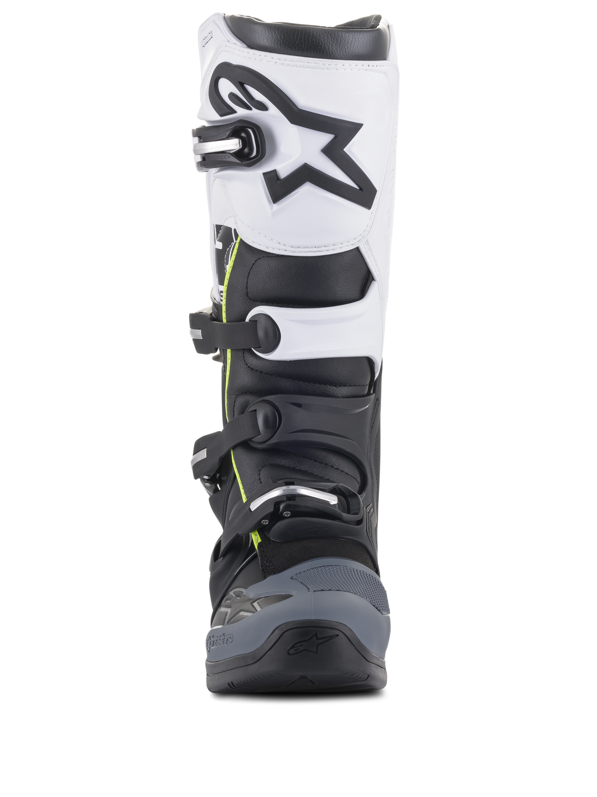 Alpinestars Tech 5 Stiefel, Motocross-Stiefel, Schwarz, Dunkelgrau und Weiß, Vorderansicht mit einem Multi-Schnallen-Verschlusssystem, weißes oberes Panel mit schwarzem Astars-Logo, dunkelgrau verstärkter Zehenbereich und dezente gelbe Akzente