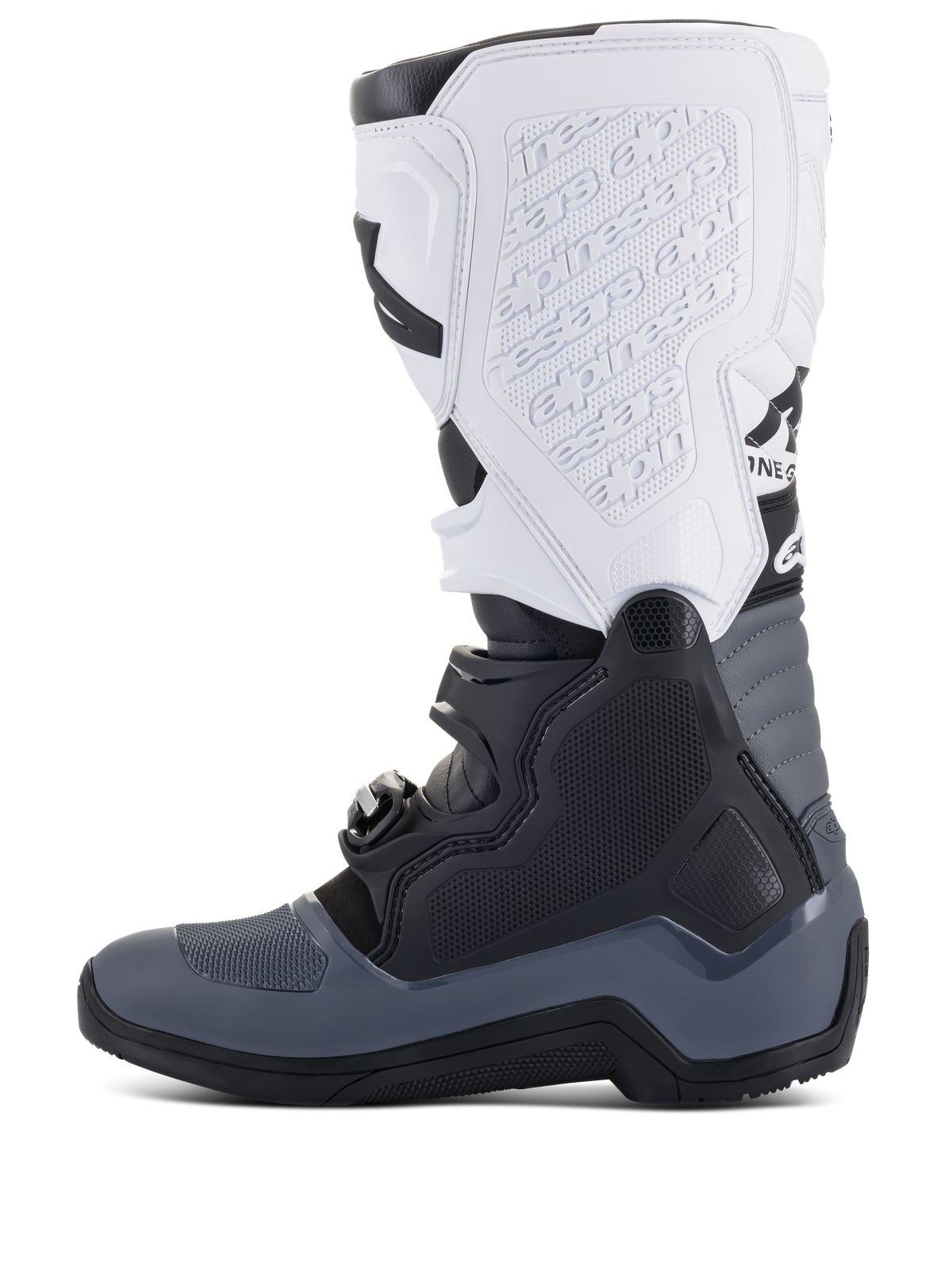 Alpinestars Tech 5 Stiefel, Motocross-Stiefel, Schwarz, Dunkelgrau und Weiß, Seitenansicht mit mehreren Schnallenverschlüssen, geprägtem Branding auf der weißen Schienbeinplatte und strapazierfähiger Konstruktion für Offroad-Performance