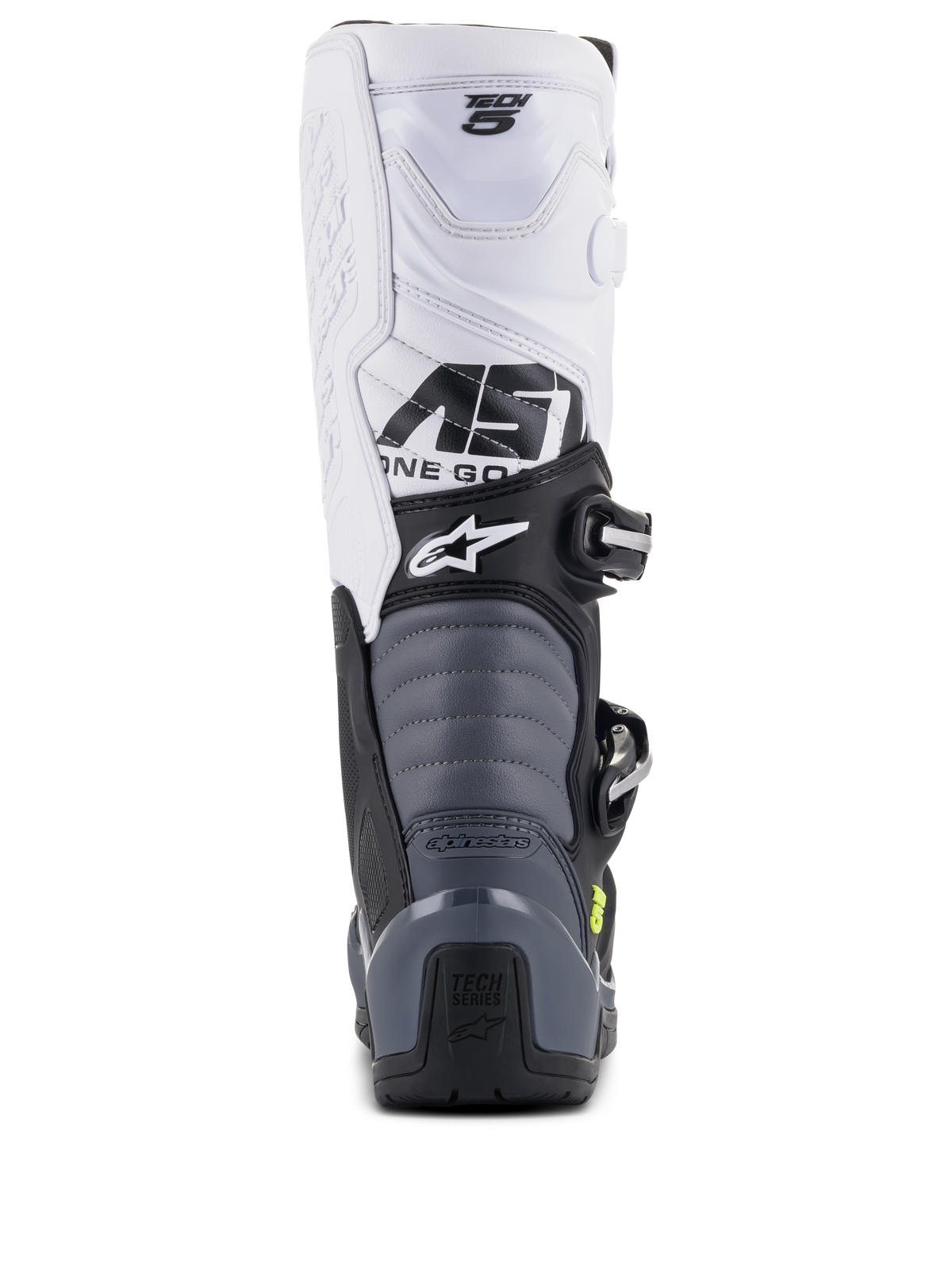 Alpinestars Tech 5 Stiefel, Motocross-Stiefel, Schwarz, Dunkelgrau, Weiß, Rückansicht mit weißem Schaft und Tech 5-Branding, grauen Akkordeon-Flexzonen und schwarzem Fersenschutz mit Tech Series-Logo