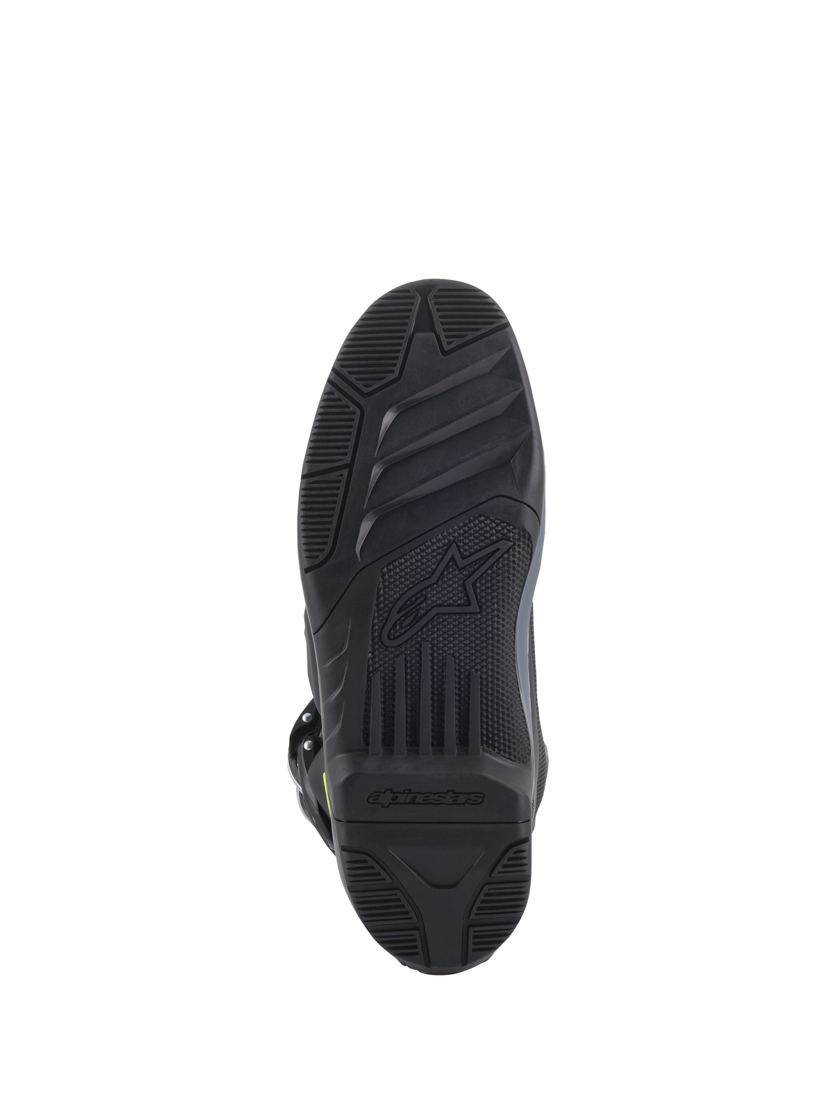 Alpinestars Tech 5 Stiefel, Sohlenansicht, Schwarz, detailliertes texturiertes Profil für Offroad-Grip, mit geprägtem Alpinestars-Logo und Sternsymbol, strapazierfähige Motocross-Schuhkonstruktion