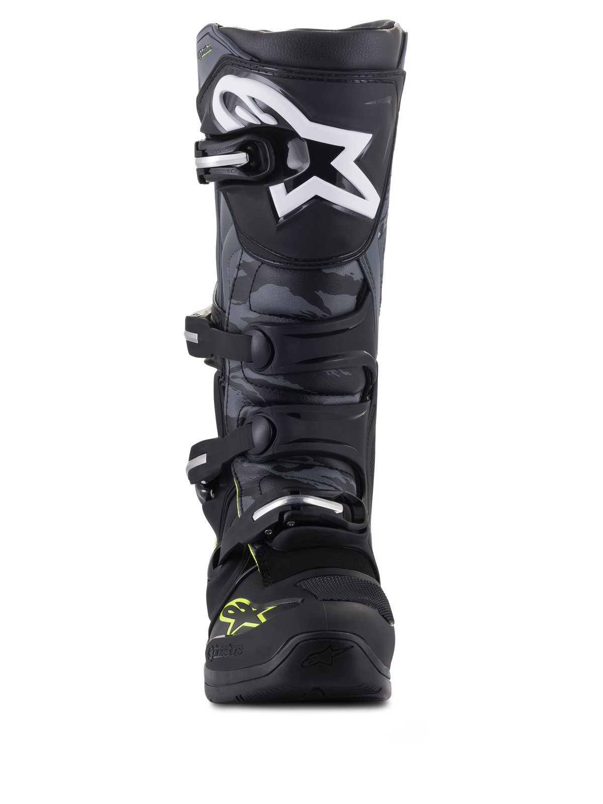 Alpinestars Tech 5 Motocrossstiefel in Schwarz und Cool Gray mit Gelb Fluo, Vorderansicht mit Camo-Paneelen und Stern-Logo.