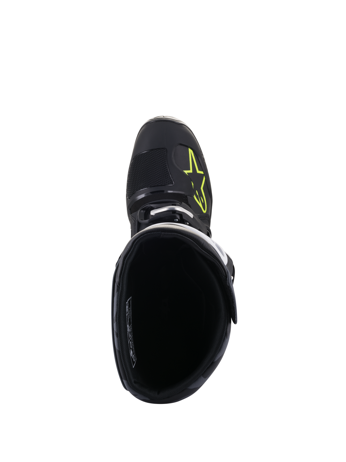 Alpinestars Tech 5 Stiefel, Draufsicht, Schwarz mit Gelb Fluo Logo auf der Zehenbox, zeigt das Innenfutter und den Schnallenverschluss, Hochleistungs-Motocross- und Offroad-Fußbekleidung