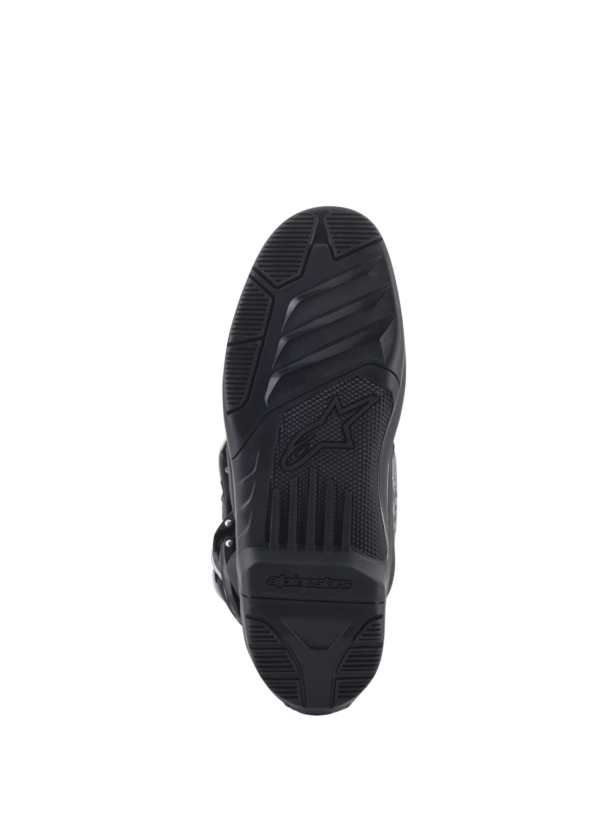 Alpinestars Tech 5 Stiefel, Unteransicht der Sohle, schwarzer Gummi mit strukturierten Gripmustern, mit Alpinestars Stern-Logo und Branding, robustes Design für Motocross- und Offroad-Traktion