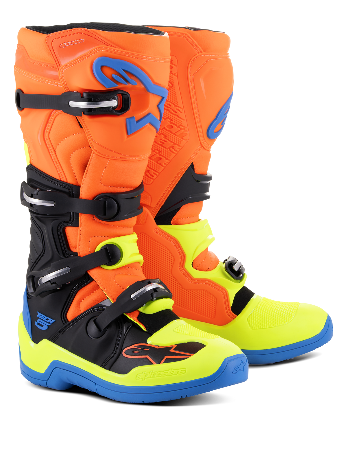 Alpinestars Tech 5 Stiefel, Motocross-Stiefel, Orange Fluo, Enamel-Blau und Gelb Fluo, mit einem Vier-Schnallen-Verschlusssystem, biomechanischem Drehgelenk für Stabilität und leuchtendem mehrfarbigem Design für den Offroad-Einsatz